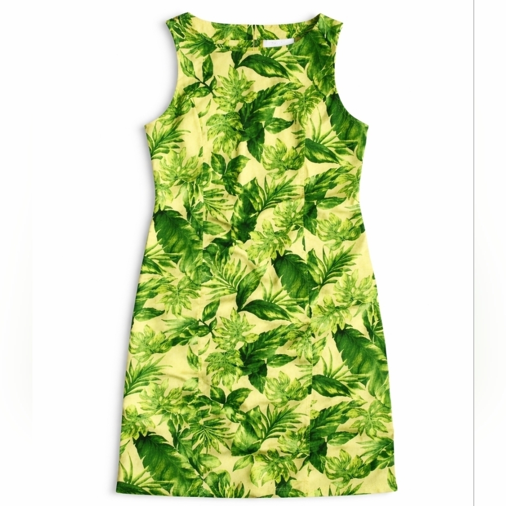 VTG Linen/cotton tropical print beading shift mini dress size 14
